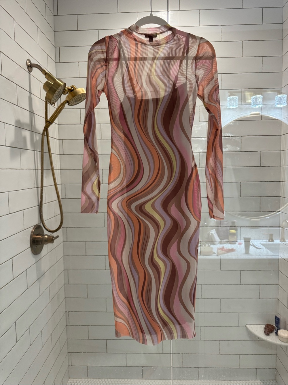 AFRM Pink and Brown Wavy Print Long Sleeve Midi Dress